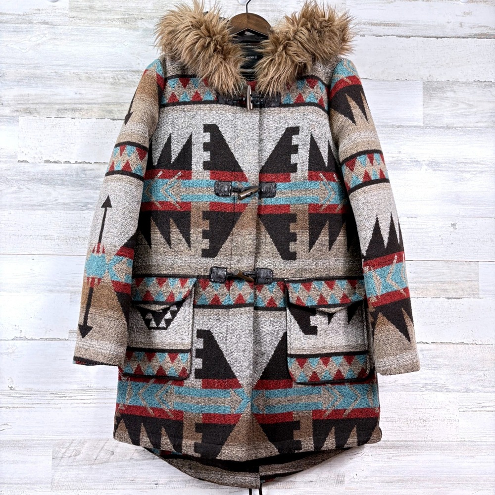 Forever 21 Duffle Coat Womens Large Multicolor Southwestern Faux Fur Hood Boho